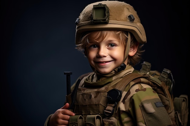 Porträt eines niedlichen kleinen Jungen in Militäruniform auf dunklem Hintergrund