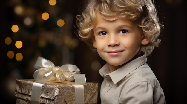 Porträt eines niedlichen kleinen Jungen mit einer Geschenkkiste