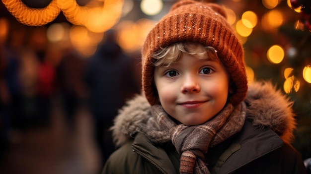 Porträt eines niedlichen kleinen Jungen mit Hut und Schal auf dem Hintergrund des Weihnachtsmarktes Generative KI