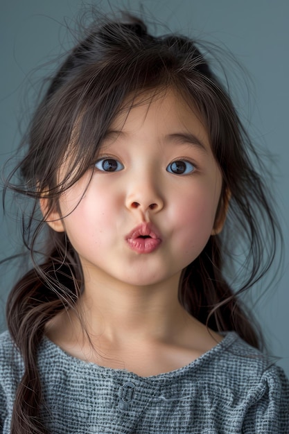 Porträt eines niedlichen kleinen Mädchens, das mit gepupperten Lippen auf einem grauen Hintergrund ein lustiges Gesicht macht