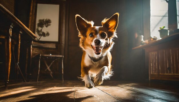 Porträt eines niedlichen roten walisischen Corgi-Hunds, der im Raum springt