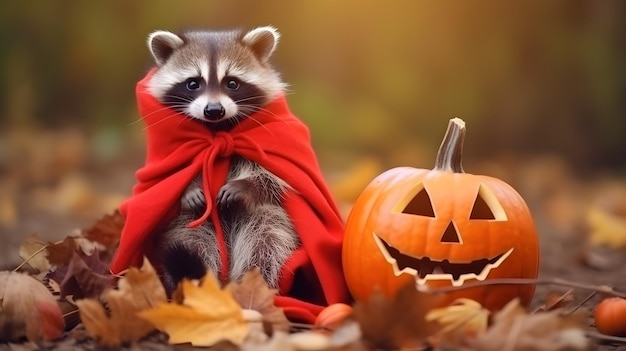 Foto porträt eines niedlichen waschbären-halloween-jack-o-laternenkürbis und herbstlaub im dschungel