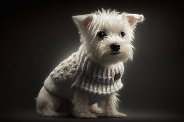 Porträt eines niedlichen weißen Hundes, der einen gestrickten Pullover trägt