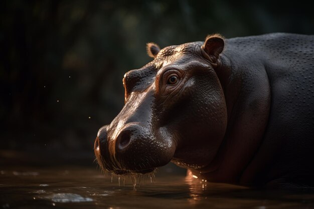 Foto porträt eines nilpferds dramatische und filmische beleuchtung fotografie generative ki