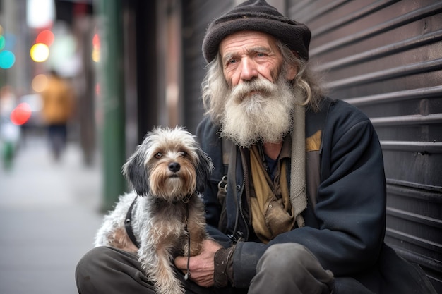 Porträt eines obdachlosen Mannes, der mit seinem Hund auf dem Bürgersteig sitzt, erstellt mit generativer KI