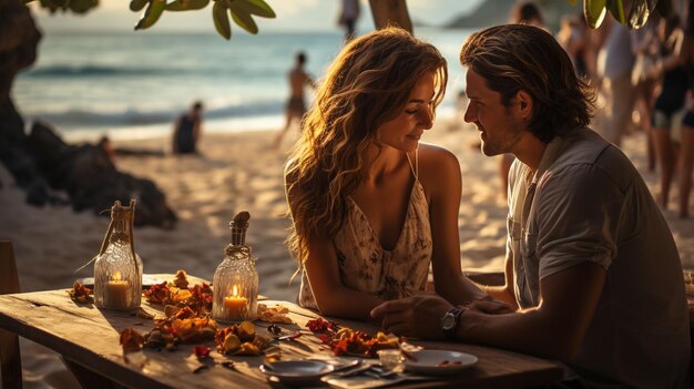 Porträt eines Paares bei einem romantischen Abendessen am Strand Hochzeitsreise