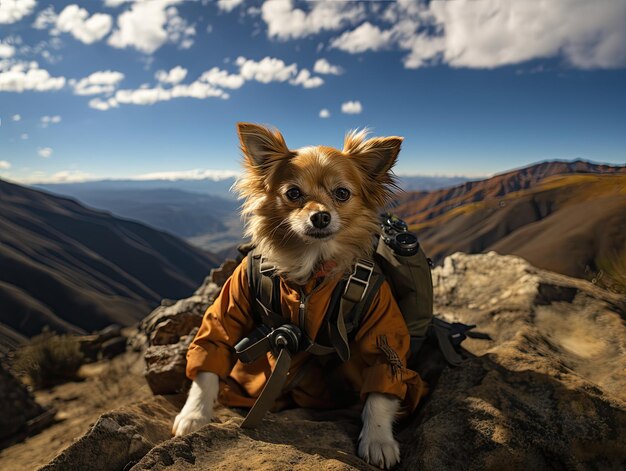 Foto porträt eines pelzigen anthropomorphen chihuahua-hundenwelpen, der durch die anden wandert und ein