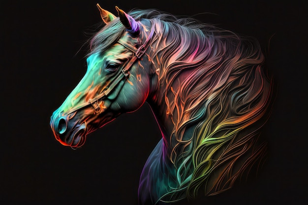 Porträt eines Pferdes in Neonfarben auf dunklem Hintergrund generative ai