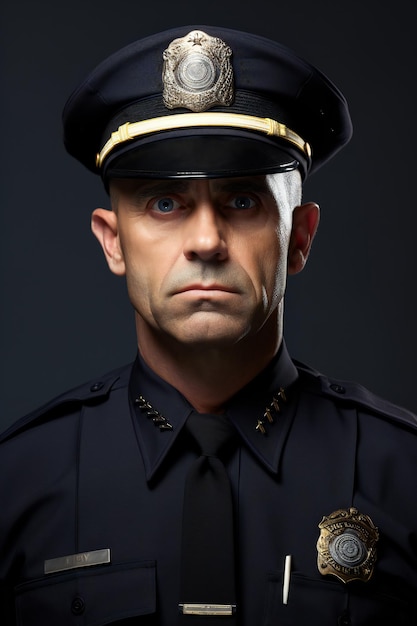 Porträt eines Polizisten in schwarzer Uniform. Studioaufnahme