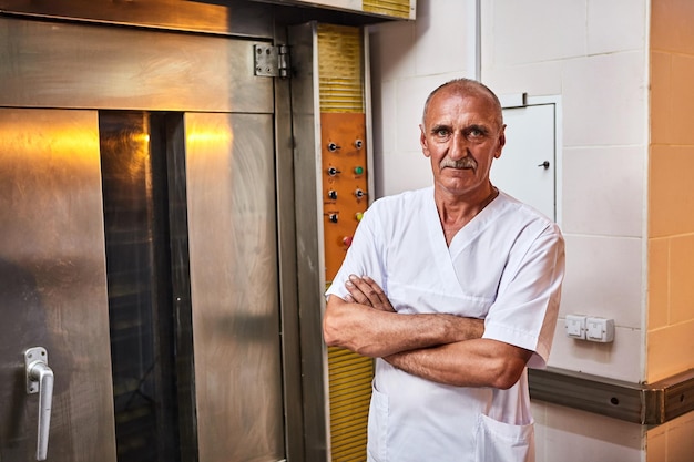 Porträt eines professionellen Bäckers in Uniform steht auf dem Hintergrund eines Industrieofens in einer Bäckerei zur Herstellung von Brot