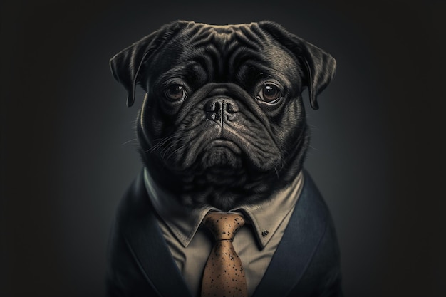 Porträt eines Pug-Hundes, gekleidet in einem formellen Business-Sui