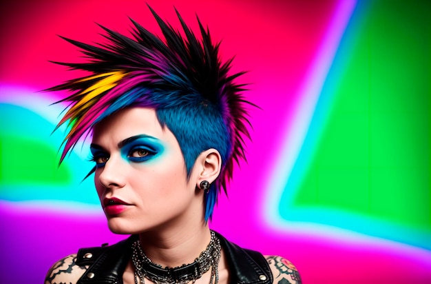 Porträt eines Punk-Mädchens mit hellem Make-up und buntem Haar Generative KI