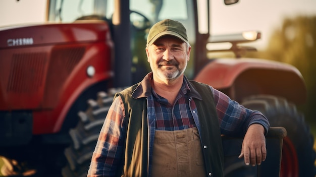 Porträt eines reifen Bauern, der an einem sonnigen Tag vor dem Traktor steht