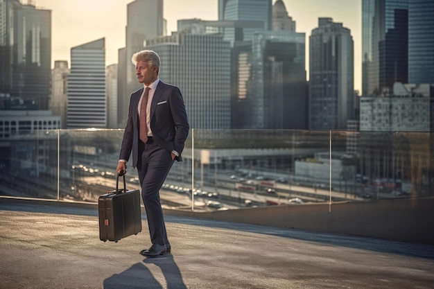 Porträt eines reifen Geschäftsmannes, der mit Koffer gegen den Blick auf die Stadt geht Generative KI