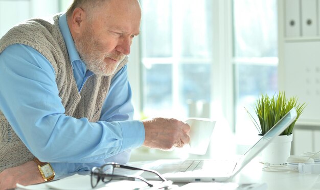 Porträt eines reifen Geschäftsmannes, der mit Laptop im Büro arbeitet