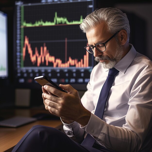 Porträt eines reifen Geschäftsmanns mit Mobiltelefon, während er am Arbeitsplatz im Büro sitzt