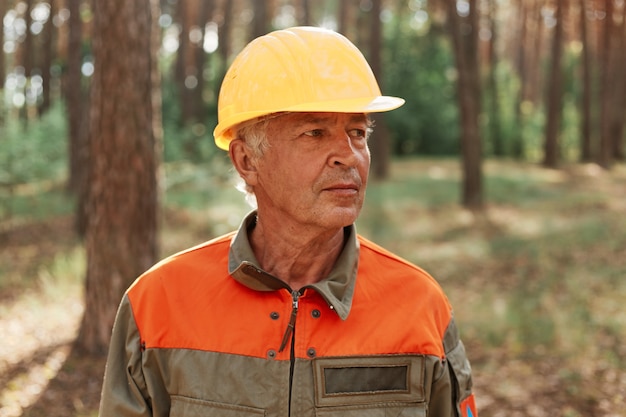 Porträt eines reifen Holzfällers, der im Wald im Freien posiert und mit nachdenklichem Ausdruck wegschaut