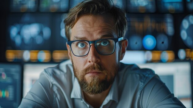 Foto porträt eines reifen mannes mit brille, der im büro am computer arbeitet