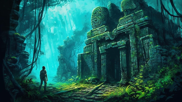 Porträt eines Reisenden, der eine antike Ruine in einem Dschungel entdeckt. Fantasy-Konzept Illustrationsmalerei Generative KI