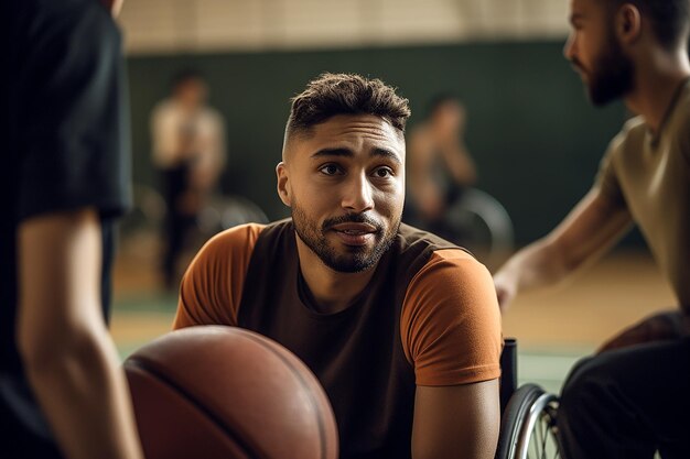 Foto porträt eines rollstuhlbasketballspielers mit dribbling-ball beim training generativer ki