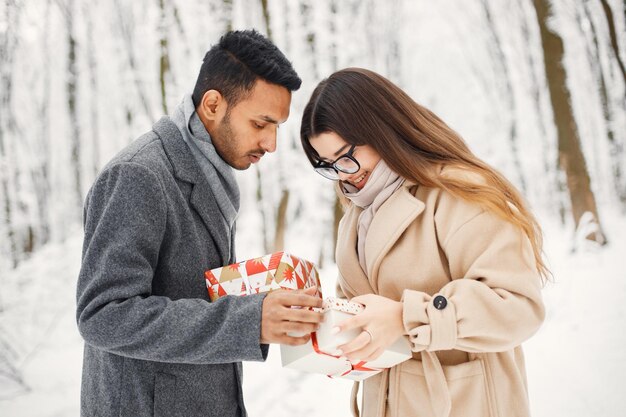 Porträt eines romantischen Paares, das Zeit zusammen im Winterwald verbringt