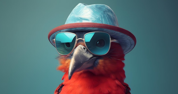 Porträt eines roten Papageis in Hut und Sonnenbrille