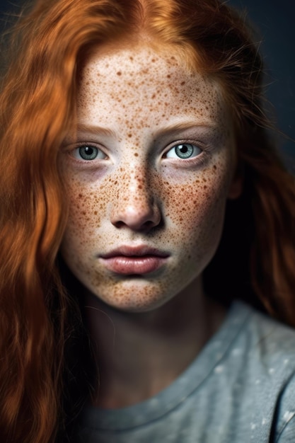 Porträt eines rothaarigen Mädchens mit blauen Augen und Freckles, das mit generativer KI-Technologie erstellt wurde