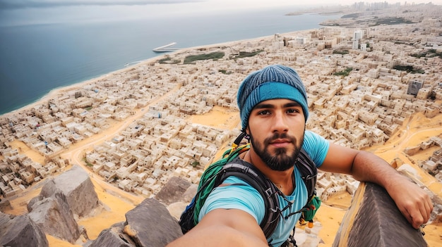 Porträt eines Rucksacktouristen, der ein Selfie mit einer wunderschönen exotischen Landschaft im Hintergrund macht