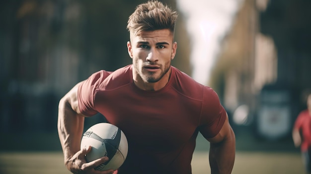 Porträt eines Rugby-Spielers, der mit dem Ball im Freien läuft