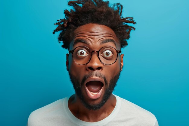 Porträt eines schockierten afroamerikanischen Mannes in Brille auf blauem Hintergrund