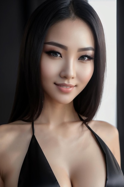 Porträt eines schönen asiatischen Mädchens in schwarzem eleganten Kleid mit grünen Augen