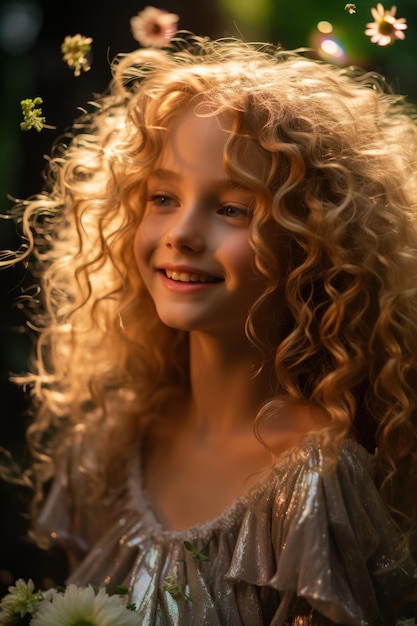 Porträt eines schönen blonden Mädchens mit lockigem Haar, das vor einem dunklen Hintergrund glücklich lächelt