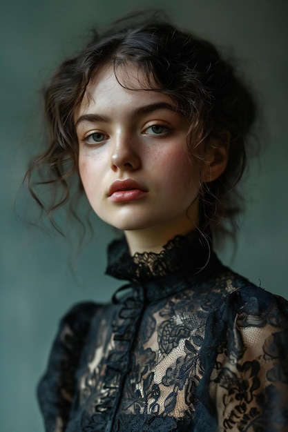 Porträt eines schönen jungen Mädchens in einem schwarzen Spitzenkleid