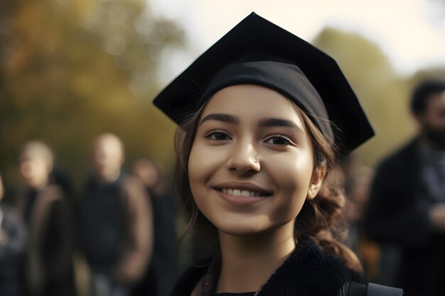 Foto porträt eines schönen jungen mädchens in mörtelboard und kleid