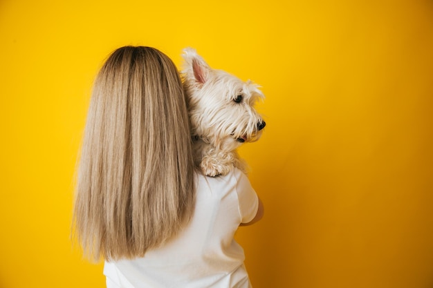 Porträt eines schönen jungen Mädchens mit einem Hund im Arm auf gelbem Hintergrund. Das Mädchen umarmt ihr Haustier, West Highland White Terrier, Kopierraum