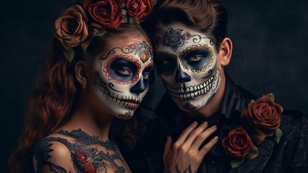 Porträt eines schönen jungen Paares mit Zuckerschädel-Make-up und generativer KI