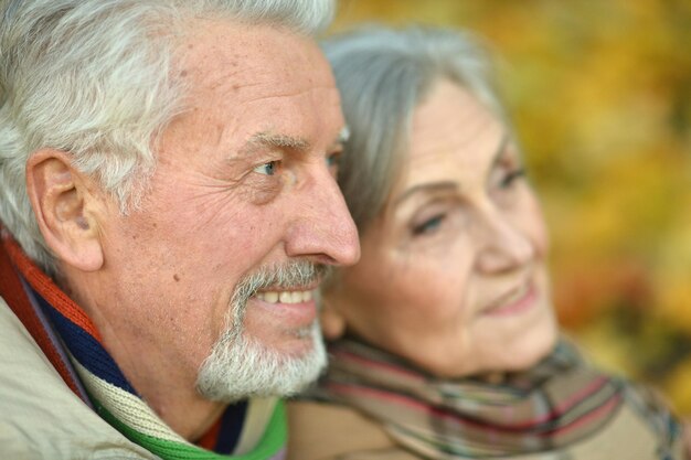Porträt eines schönen kaukasischen Seniorenpaares im Park, das wegschaut