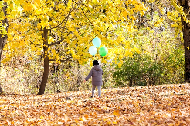 Porträt eines schönen Kinderjungen während eines Spaziergangs im Park mit Luftballons verschiedener Farben, Herbstsaison, eines Jungen mit roten Haaren, der im Park während des Laubfalls geht, Kinder in der Natur