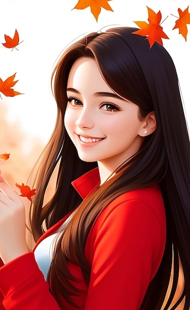 Porträt eines schönen, lächelnden Mädchens inmitten fallender Blätter