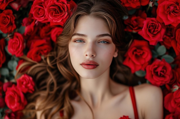 Porträt eines schönen Mädchens, das am Valentinstag oder Geburtstag von roten Rosen und Rosenblättern umgeben ist