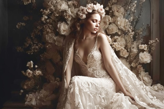 Porträt eines schönen Mädchens in einem Hochzeitskleid mit einem Blumenkranz Generative KI