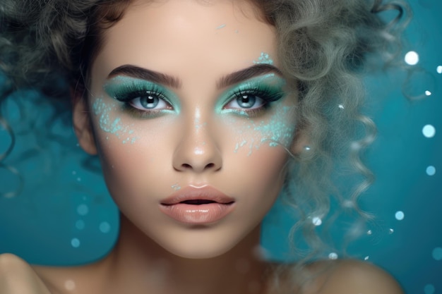 Porträt eines schönen Mädchens mit Aqua-Make-up im Gesicht auf blauem Hintergrund