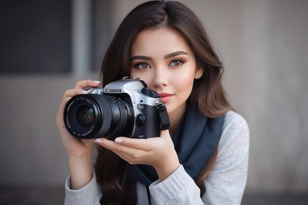 Porträt eines schönen Mädchens mit einer Kamera in den Händen