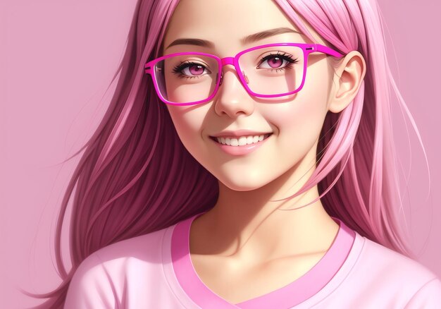 Foto porträt eines schönen mädchens mit langen haaren und rosa brille
