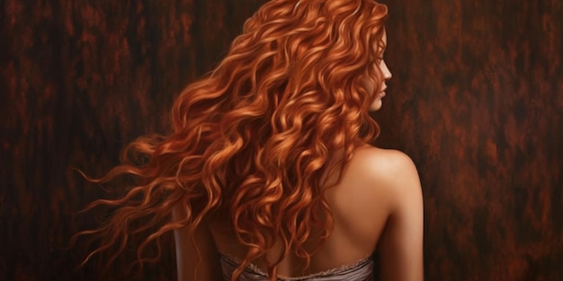 Porträt eines schönen Mädchens mit luxuriösem, lockigem, langem Haar. Rückansicht. Generative KI