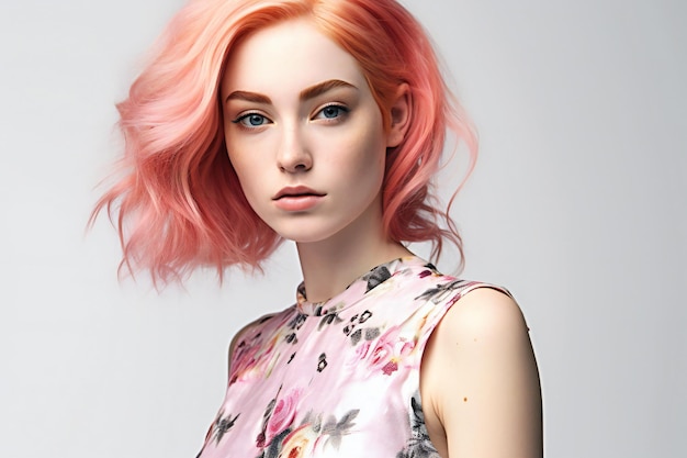 Porträt eines schönen Mädchens mit rosa Haaren auf grauem Hintergrund