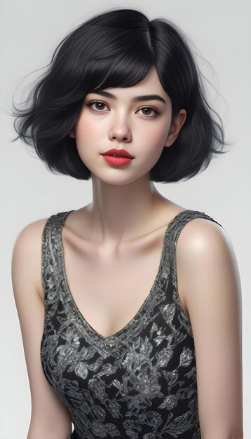 Porträt eines schönen Mädchens mit schwarzen Haaren und roten Lippen auf weißem Hintergrund