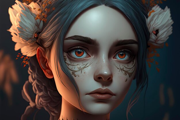 Porträt eines schönen Mädchens mit Zuckerschädel-Make-up und bunten Blumen an ihrem Haartag des toten Catrina-Make-ups AIGenerated