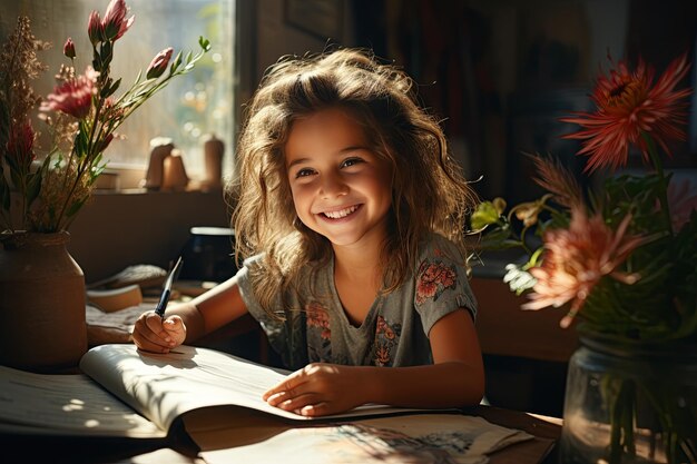 Foto porträt eines schönen mädchens und ihres lehrers beim zeichnen im unterricht, generiert mit ki