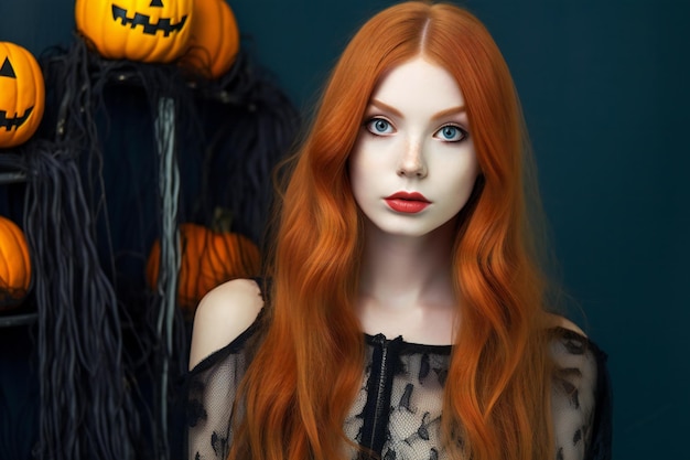 Porträt eines schönen rothaarigen Mädchens in schwarzem Kleid auf dem Hintergrund von Halloween-Dekorationen